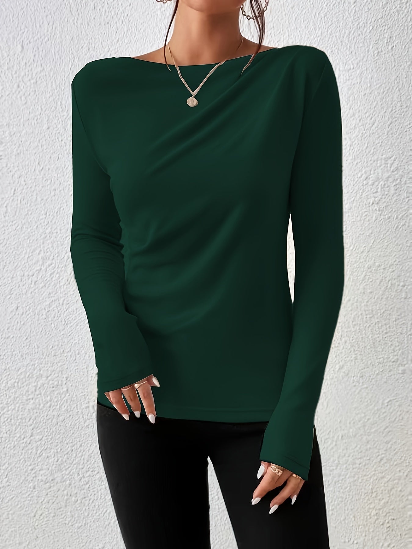 Womens Classic Solid Boat Neck T-Shirt - Stylish Long Sleeves for Spring & Fall - Versatile Casual Top - Premium Quality Wardrobe Staple