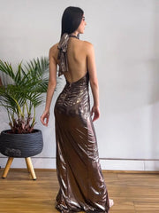 Ingvn  Woman Sexy Halter High Waist Backless Long Dress  Ladies Elegant Hollow Out Folds Bandage High Slit Party Evening Dresses