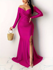 Off Shoulder Split Thigh Dress, Elegant Solid Long Sleeve Floor Length Party Dress, Women's Clothing