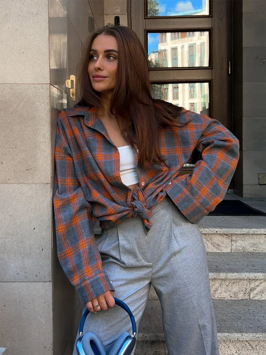 Ingvn  Vintage Loose Plaid Women'S Shirt Fashion Lapel Long Sleeve Office Lady Shirts and Blouses Tops Female Clothing New