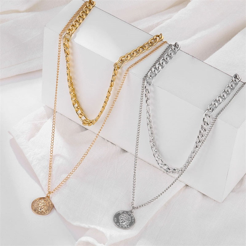 Retro Portrait Exaggerated Thick Chain Necklace Double Layer Cool Chain Hip Hop Necklace Short Clavicle Chain Accessories