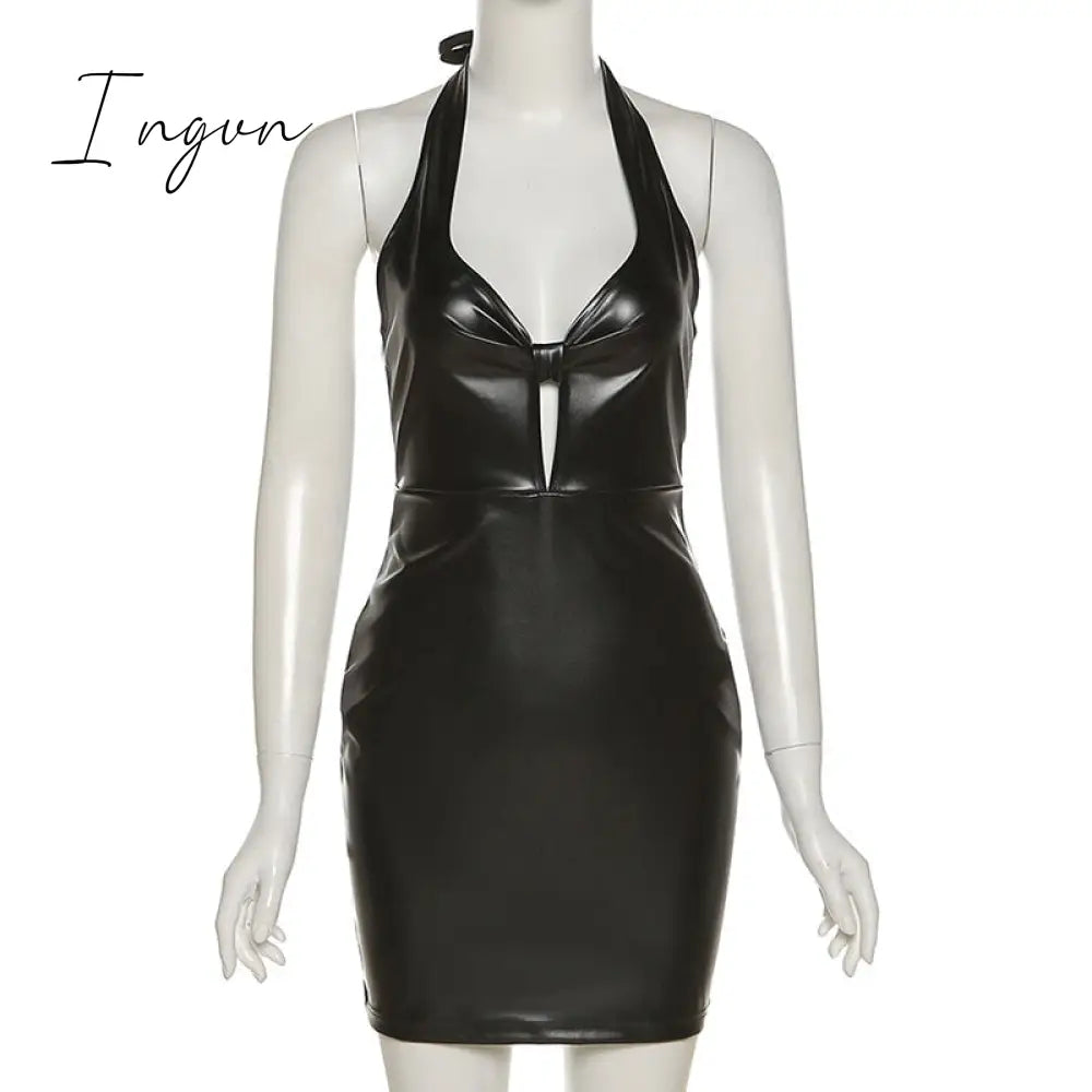Ingvn - Sexy Halter Bodycon Mini Dresses Women PU Leather Backless Party Club Tight Short Dress Summer Black Brown Bandage Wrap Dress