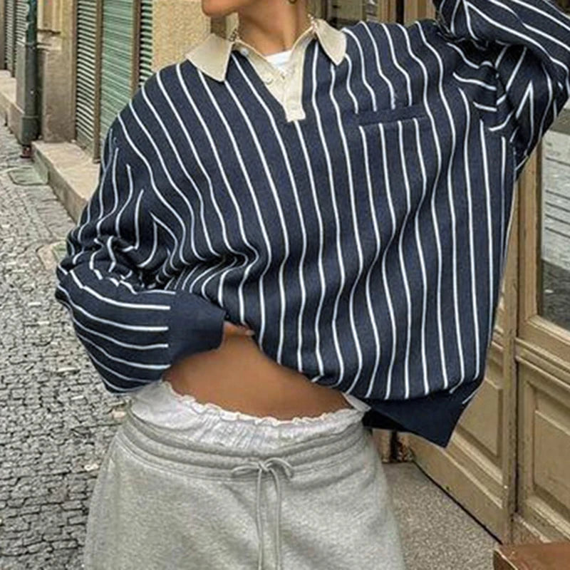 Preppy Style Loose Sweatshirt Y2k Streetwear Patchwork Full Sleeve Turn-down Neck Hoodies Women Casual Vintage Pullovers