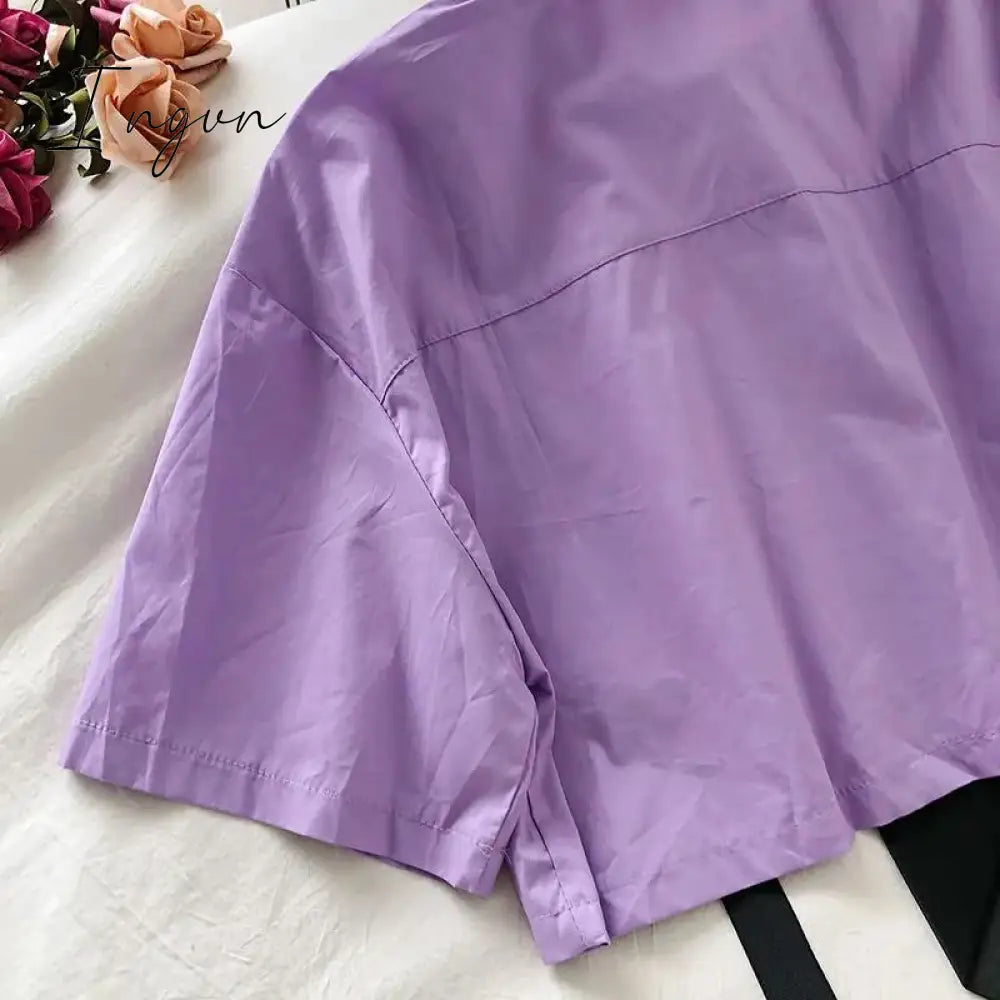 Ingvn - Autumn Streetwear Pants High-Waist Straight Ribbon Cargo Pants Student Loose Short-Sleeved Shirt with Tie two-piece Set