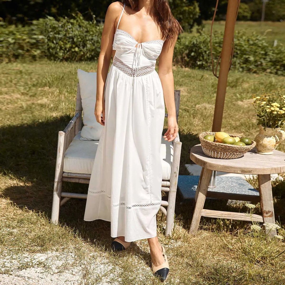 Women Hollowed Long Cami Dress with Bow Tie-up Sweetheart Neck Cut Out Back Spaghetti Strap Dress for Daily Party