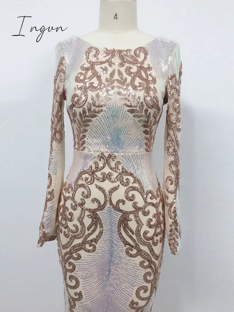 Ingvn - Hot Sale O-neck Long-Sleeve Shinning Sequins Evening Dresses Sexy Backless Mermaid Party Gowns Maxi Elegant Multi Female Robes vestidos