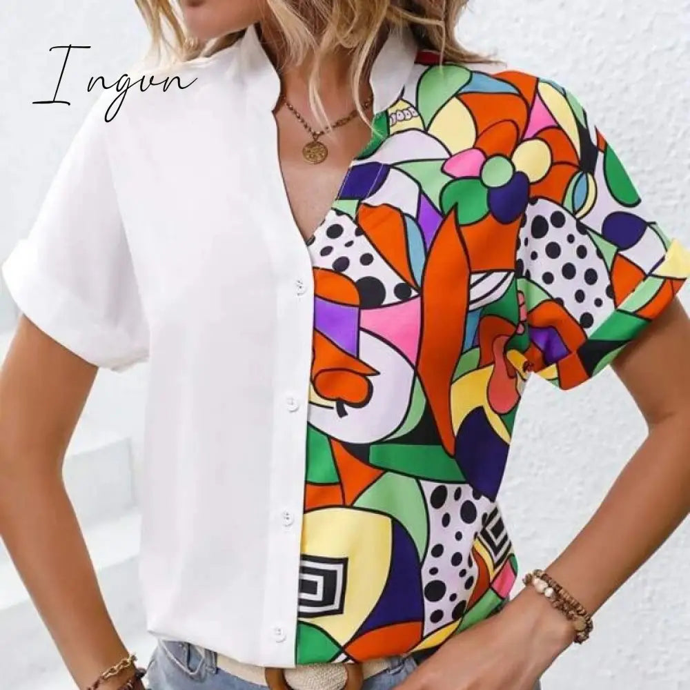 Ingvn - Women Tops Fashion Patchwork Color Shirt 2023 New Summer Short Sleeve Blouse V-neck Casual Loose Clothes Blusa Mujer 26456