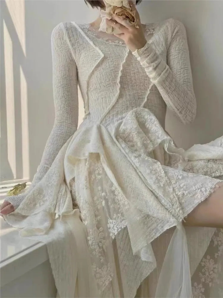 French Elegant Women's Vintage Dress Autumn Winter New Irregular Lace Splicing Evening Long Bridesmaid Party Dress