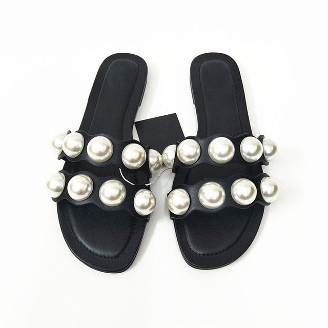 brand shoes 2026 Fashion Flat Slippers Party  shoes Fulgurant Pearl Sandals thin Belt Roman Flat Women Flip Flops Casual Beach