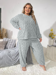 Plus Size Casual Pajamas Set, Women's Plus Solid Textured Long Sleeve Round Neck Warm Flannelette & Joggers Loungewear Two Piece Set