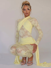 Sexy Lace Jumpsuit Women Sheer Lace Patchwork Long Sleeve Jumpsuits Female Elegant Draped Ruched Skinny Jumpsuit