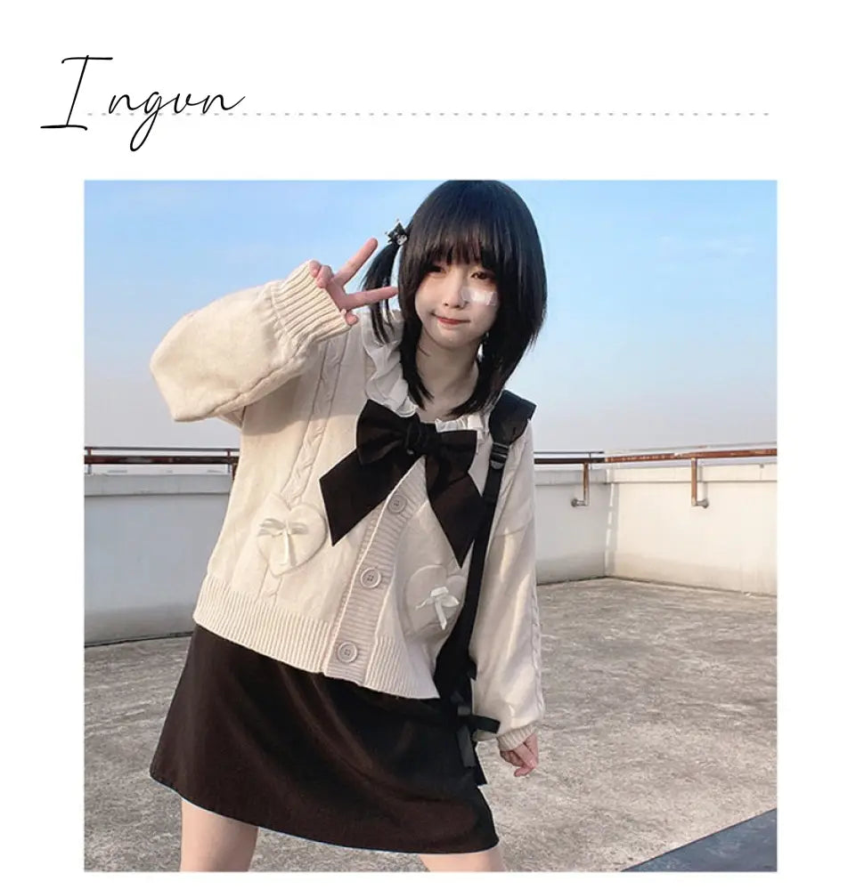 Ingvn - Spring Japan Kawaii Fashion Pink Cardigan Women Vintage Crop Knitted Sweater Cute Bow Heart Korean JK School Coat