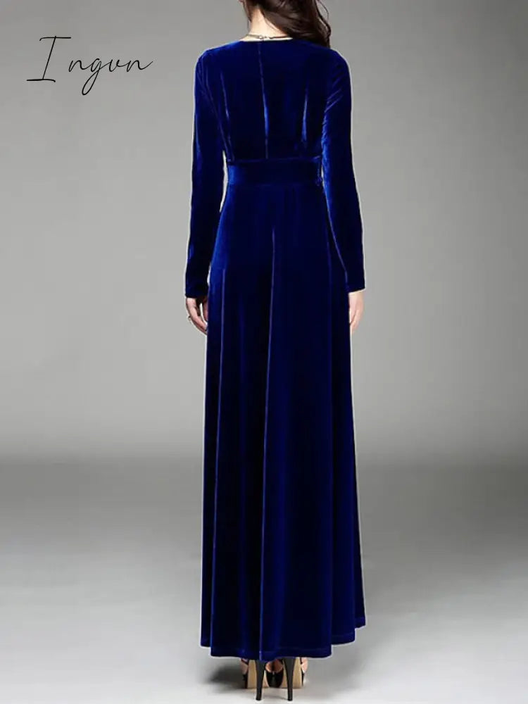Ingvn - Women‘s Party Dress Wedding Guest Dress Velvet Dress Long Dress Maxi Dress Black Wine Royal Blue Long Sleeve Pure Color Ruched Fall Spring V Neck Fashion Party Winter Dress Evening Party 2023 S M L XL