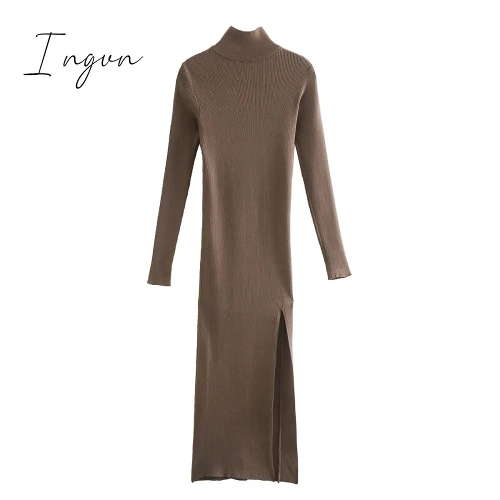 Ingvn - Dress Women Long Sleeves High-Neck Elastic Midi Dress Fashion Elegant Chic Lady Knit Sweater Dresses Women robe femme
