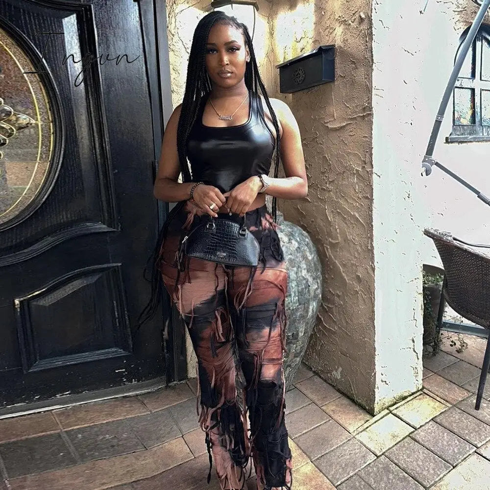 Ingvn - Perl Tassel Stretch Straigh Pants for Women Tie Dye Printed Bodycon Trousers Fashion Capris 2023