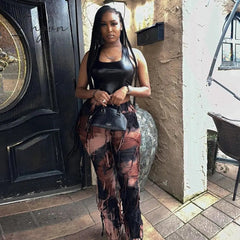 Ingvn - Perl Tassel Stretch Straigh Pants for Women Tie Dye Printed Bodycon Trousers Fashion Capris 2023