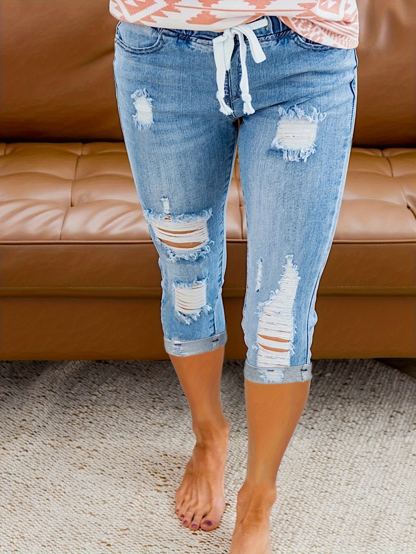 Mid-Calf Beach Distressed Denim Capri Pants - Elastic Waist with Drawstring, Casual Slim Fit, Street Style Fashion, Comfortable Soft Fabric, Easy to Move, Perfect for Summer, Outdoor Activities, and Daily Wear