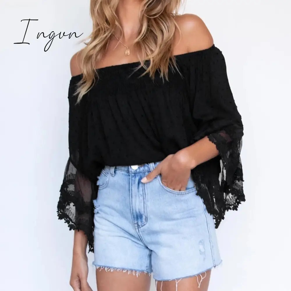 Ingvn - Women Off Shoulder Solid Tops Fashion Short Sleeve Backless Tassel Irregular Blouse Female Clothes Hipster Summer Oversize Shirt
