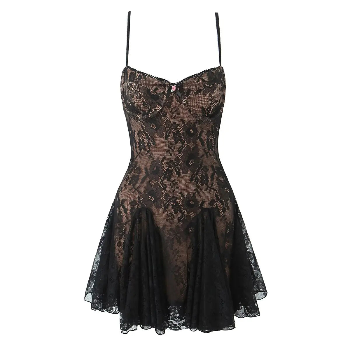 New Fashion Women Spaghetti Straps Lace Sexy Dresses Black Beige Backless Hollow Out A-line Mini Dress Night Out Robe