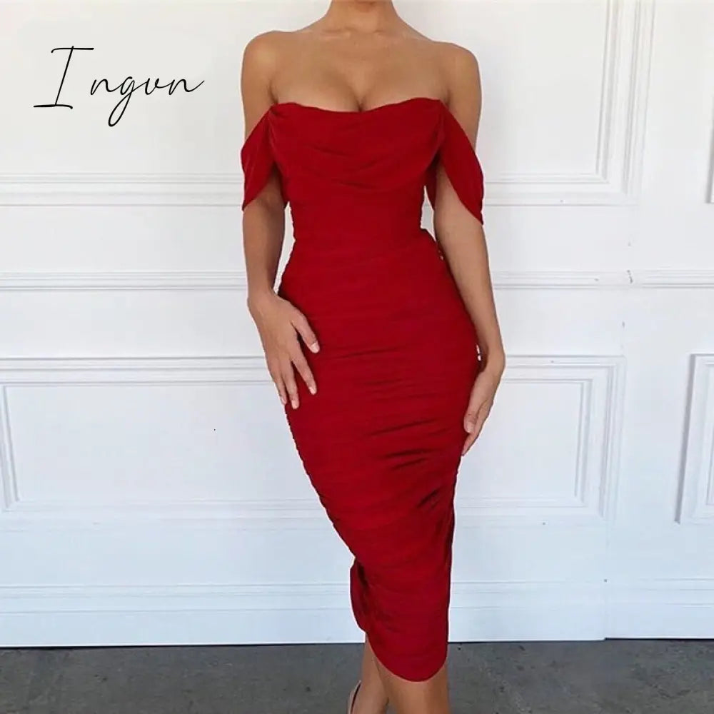 Ingvn - Trends high quality Off Shoulder Ruched Double Layer Mesh Dress Women Long Sleeve Sexy Dresses Ladies Autumn Party Long Christmas Dress