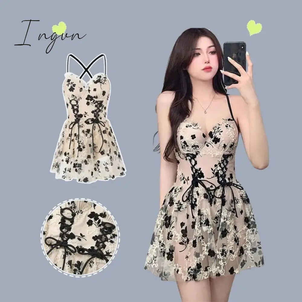 Ingvn - Backless Dress Women Lace Sexy Short Embroidery Mini Y2k Push Up Dress with Flowers Korean Dress Summer Gothic Party