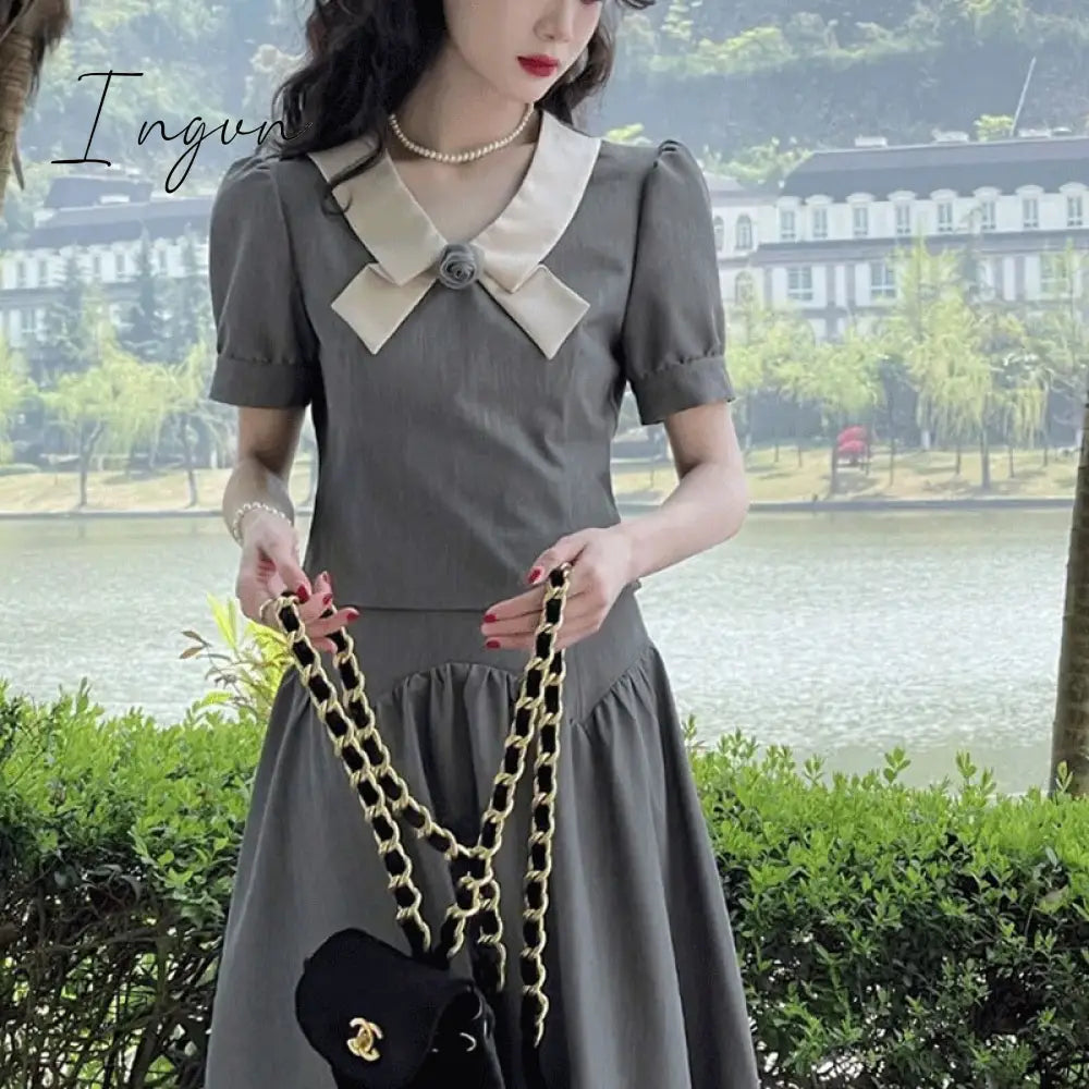 Ingvn - Summer Retro Two Piece Women Skirt Sets Sweet Outifits Puff Sleeve Crop Top+A Line Midi Skirts Korean Fashion Hepburn Dress Suit