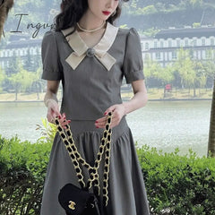 Ingvn - Summer Retro Two Piece Women Skirt Sets Sweet Outifits Puff Sleeve Crop Top+A Line Midi Skirts Korean Fashion Hepburn Dress Suit