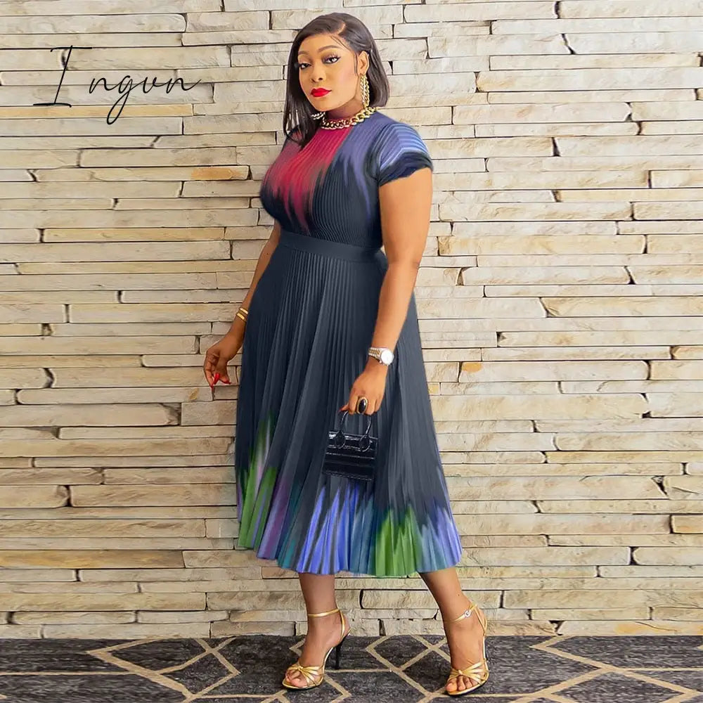 Ingvn - Long Pleated Dress Sets Women 2 Piece Outfits Summer Short Sleeve Gardient Print Swing Skirt Set Elegant Casual 2023 New In