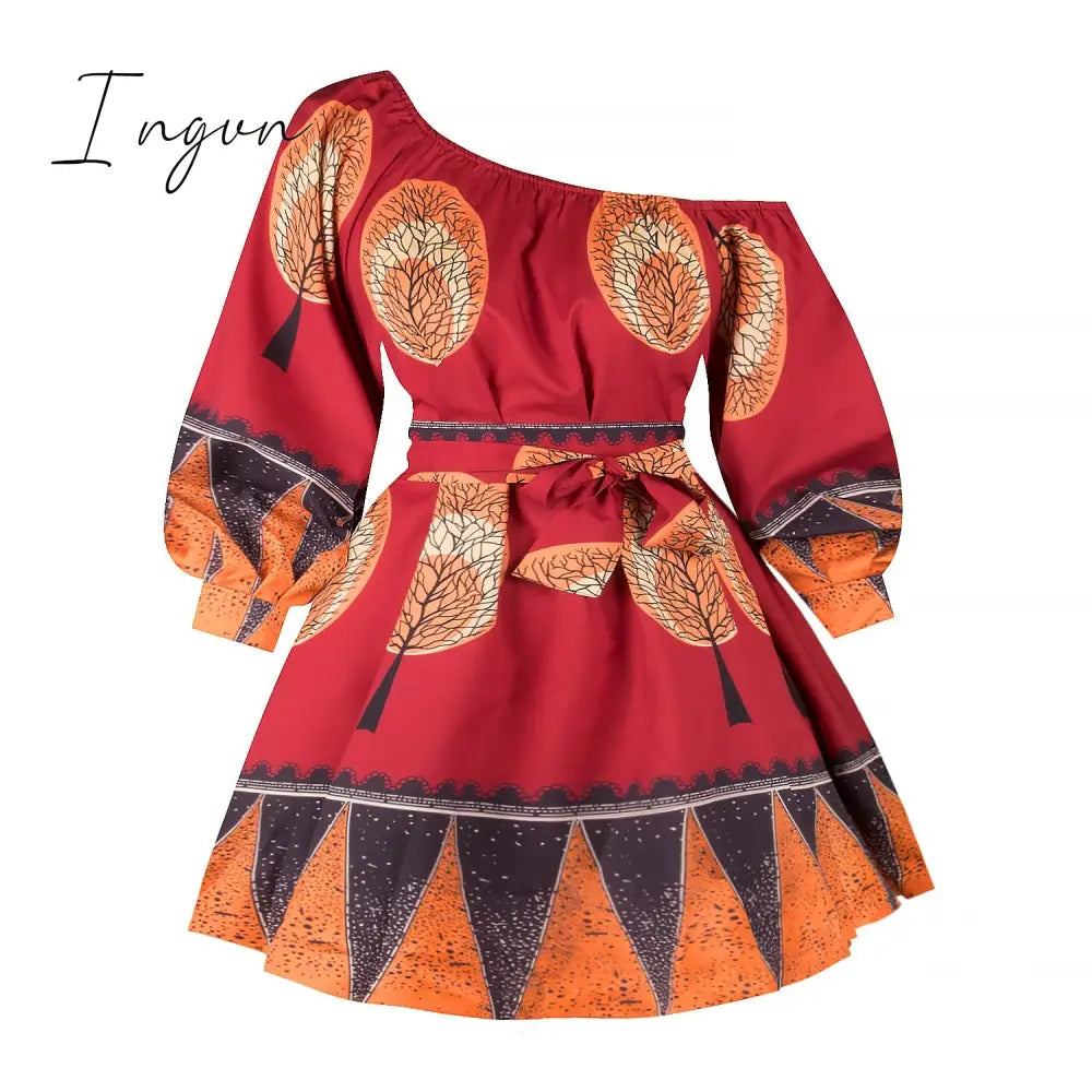 Ingvn - African Dresses for Women Full Sleeve Summer Tilting Shoulder Two Wear Dress Dashiki Print African Rich Bazin Top Maxi Clothes