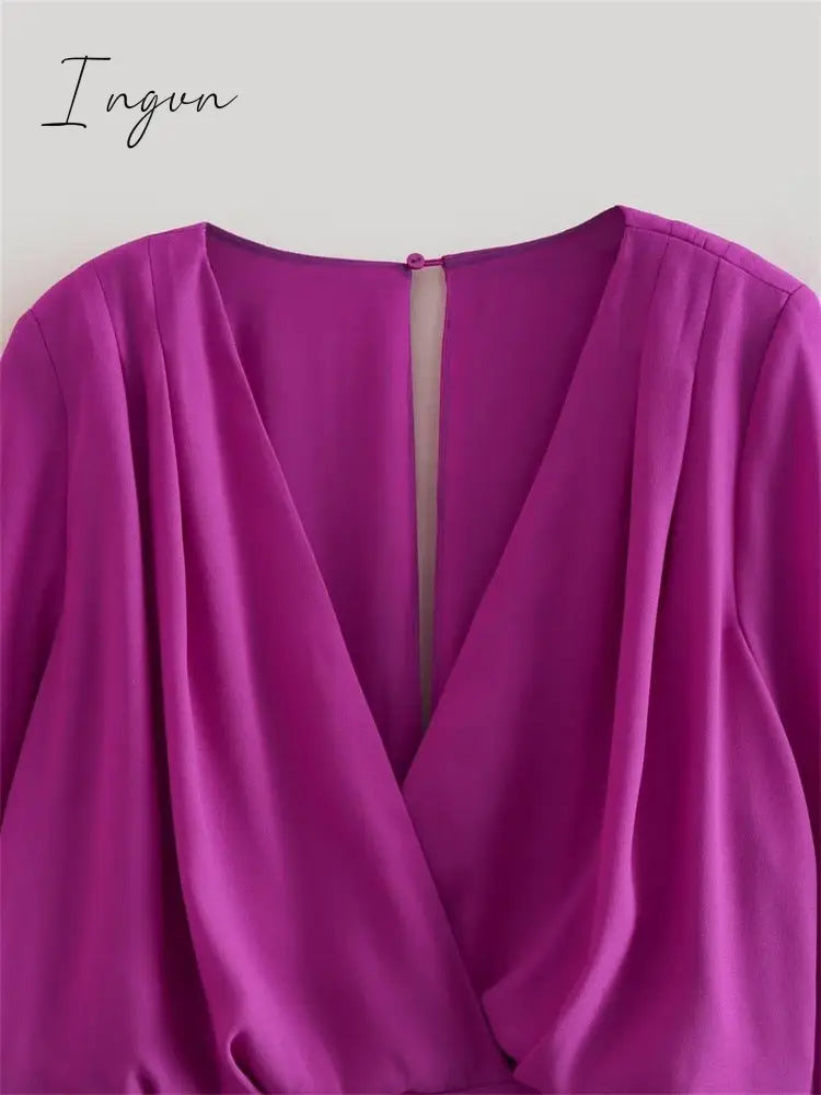 Ingvn - Flare Sleeve Solid Purple V Neck Long Dresses A-line Elegant High Waisted Loose Midi Dress 2023 Woman Casual Ladies Vestidos