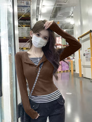 2 In 1 Long Sleeve Striped Print T-shirt, Casual Button Front Top For Women, Spring & Fall