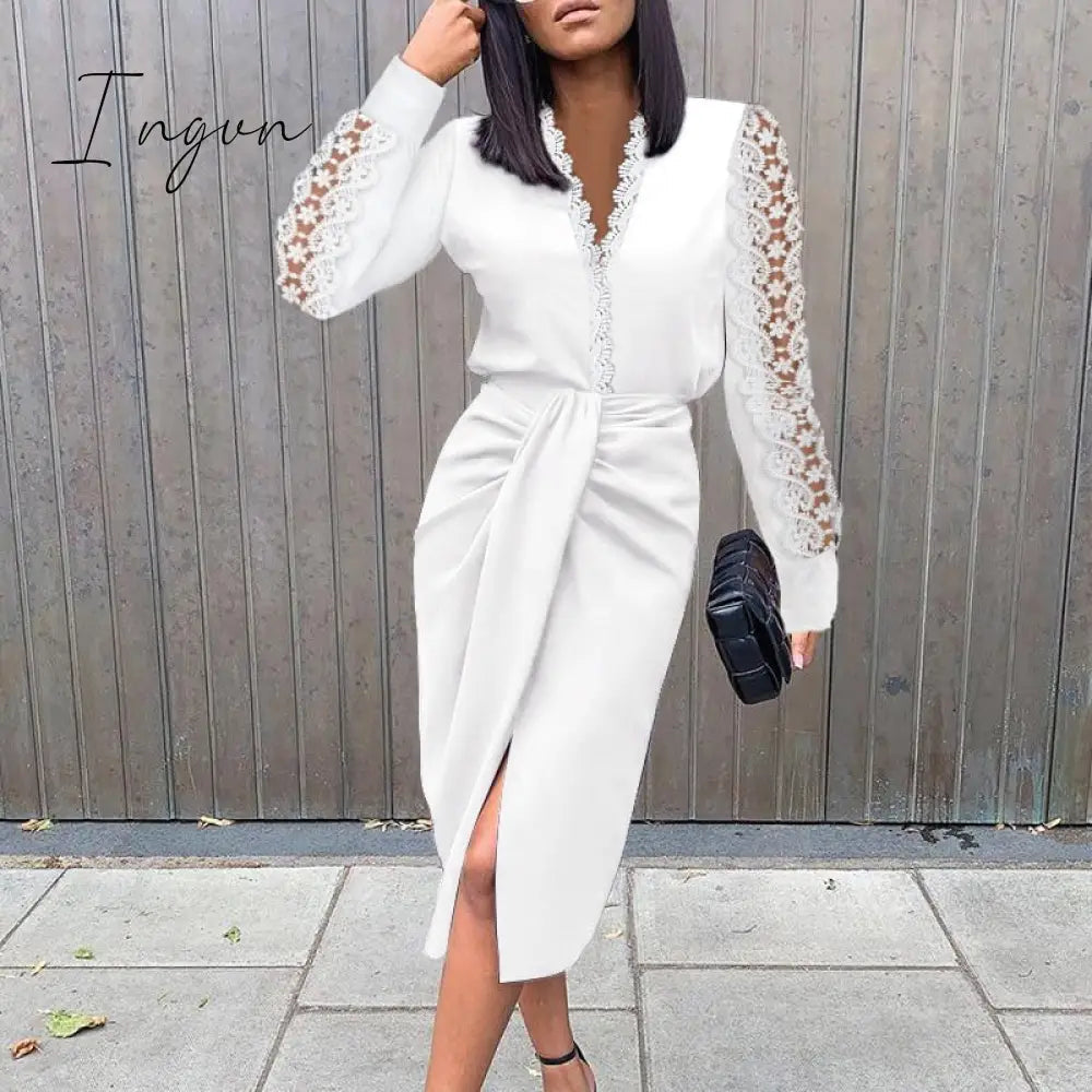 Ingvn - Vintage Print Elegant Women Folds Slim Dress Casual Hollow Out Patchwork Half Sleeve Dress Female Summer Round Neck Party Dress
