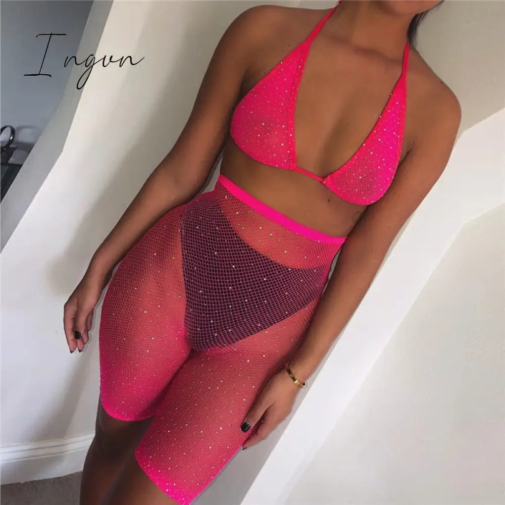 Ingvn - Trends Fishnet Grid See Through Neon Outfits Bandage Low Cut Sexy Backless Crop Top High Waist Skinny Shorts Women Party 2 Piece Sets