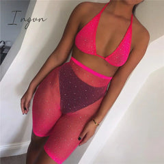 Ingvn - Trends Fishnet Grid See Through Neon Outfits Bandage Low Cut Sexy Backless Crop Top High Waist Skinny Shorts Women Party 2 Piece Sets