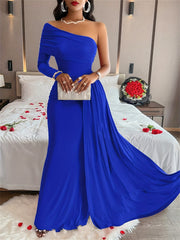 Elegant Oblique-Shoulder Long Sleeve Formal Wedding Guest Dress Maxi Dress