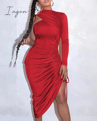 Ingvn - Sexy One Shoulder Drawstring Ruched Bodycon Dress Women Solid Long Sleeve Mid-calf Night Club Party Dress