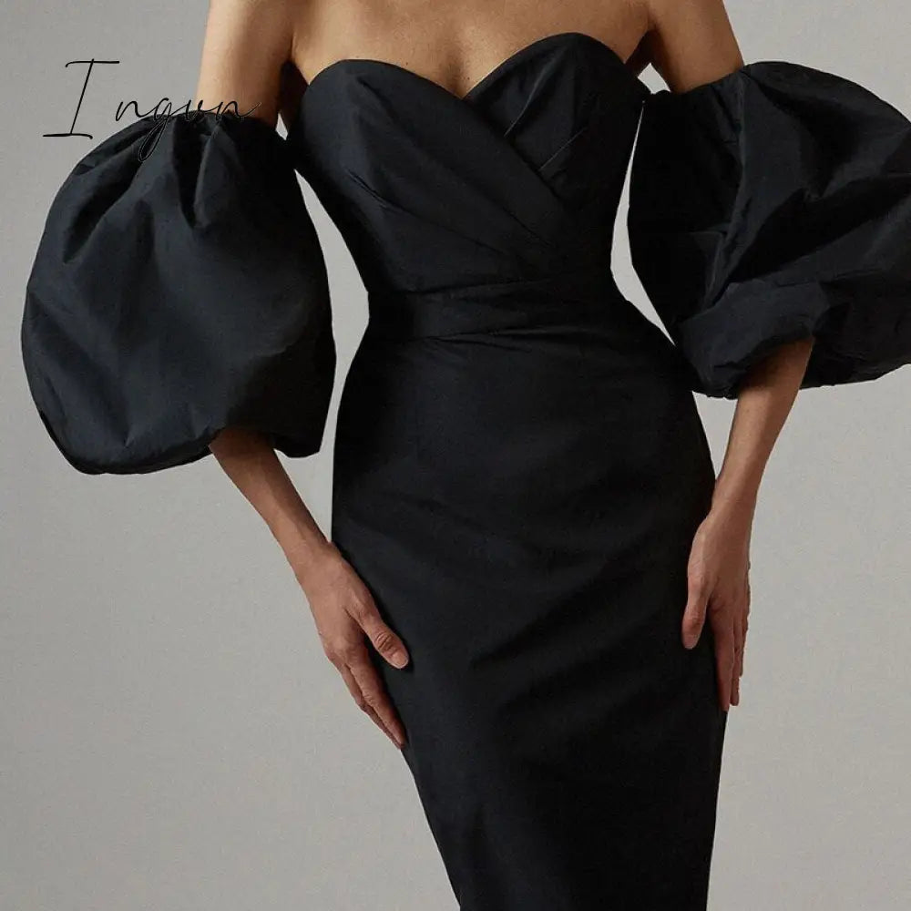 Ingvn - New Fashion Black Sexy Dress Summer Women's Top V-neck Strapless Puff Sleeve Midi Club Elegant Party Evening Dress Vestido