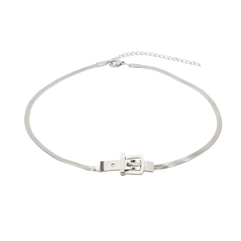 INGVN  Neo Gothic Alloy Choker Silver Color Belt Buckle Snake Chain Necklace For Women Fashion Jewelry Party Accessories