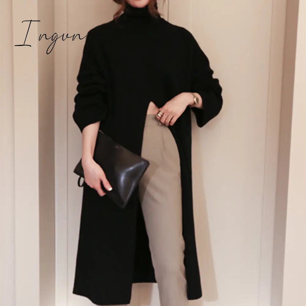 Ingvn - 2 colors autumn winter long sweater dress female long sleeve loose knitted long dress womens bodycon robe female