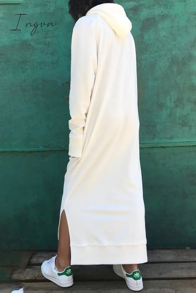 Ingvn - Casual Solid Draw String Pocket Hooded Collar Long Sleeve Dresses