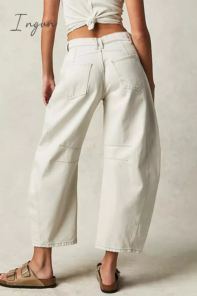 Ingvn- Casual Vintage Solid Pocket Without Belt Mid Waist Loose Denim Jeans(No Belt)