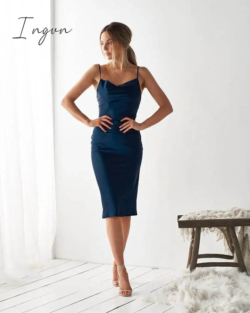 Ingvn - Summer Sleeveless Spaghetti Strap Black Silk Long Dress Sexy Backless Elegant Satin Bodycon Party Dress Woman Split Midi Dresses