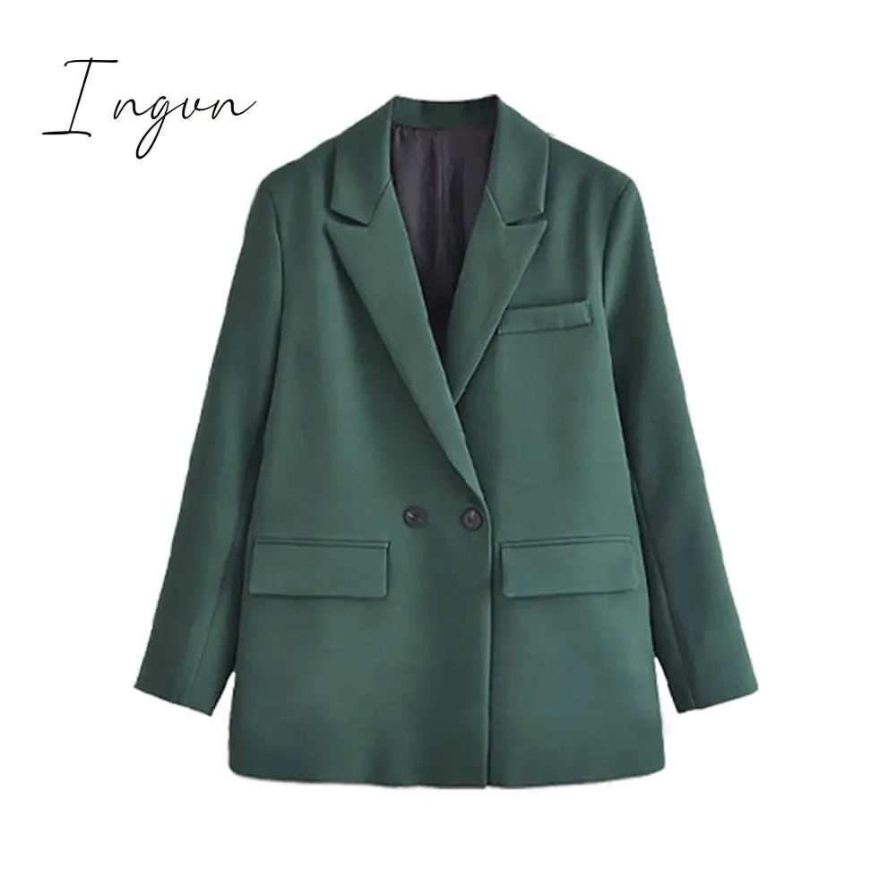 Ingvn - Women Fashion Solid Double Breasted Blazers Female Elegant Long Sleeves Loose Jacket Coats Office Ladies Outerwear Top