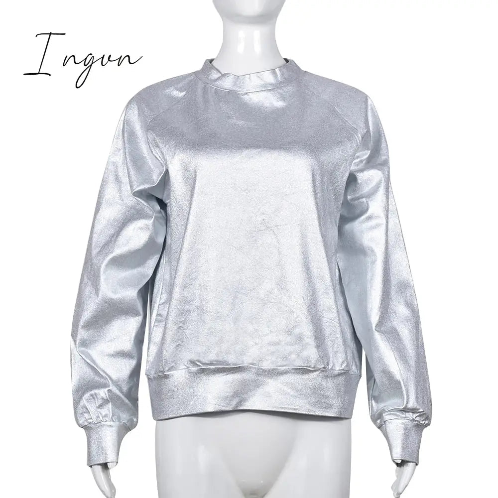 Ingvn - Women O Neck Long Sleeve Metallic Silver Pullovers Coat Sexy Casual PU Sweatshirt 2023 Spring Fall Nightclub Fairy Grunge Clothes