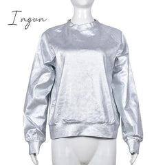 Ingvn - Women O Neck Long Sleeve Metallic Silver Pullovers Coat Sexy Casual PU Sweatshirt 2023 Spring Fall Nightclub Fairy Grunge Clothes
