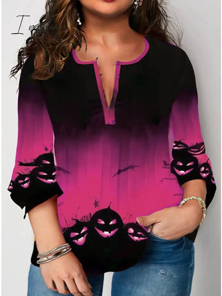 Ingvn - Women's Shirt Blouse Halloween Shirt Yellow Blue Purple Pumpkin Print 3/4 Length Sleeve Halloween Daily Streetwear Crew Neck Regular Fit Fall Winter