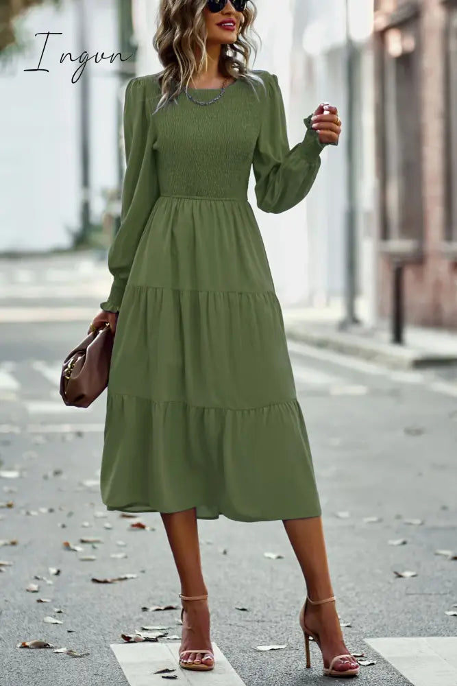 Ingvn - Smocked Long Puff Sleeve Tiered Midi Dress