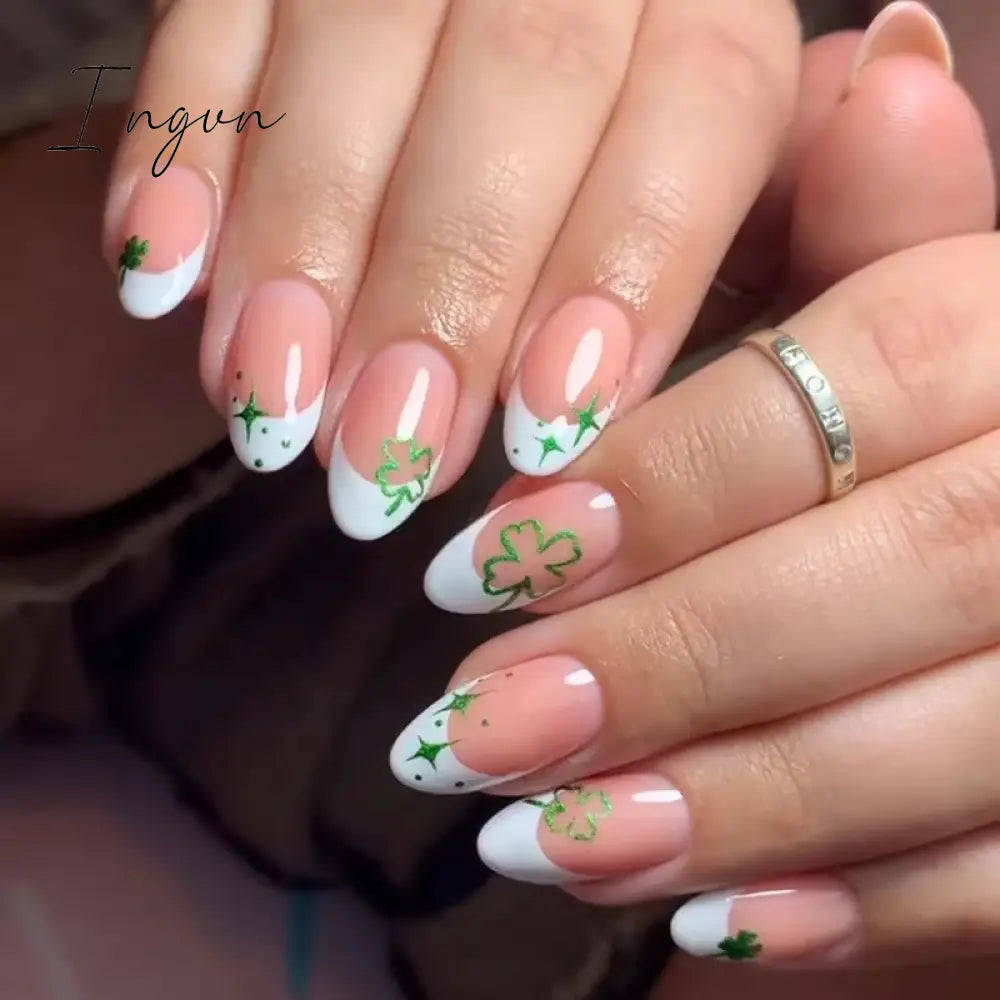 24Pcs Mid-length French Fake Nail with Silver Edge Design Round Head Almond False Nail Wearable Simple Finished Press on Nails
