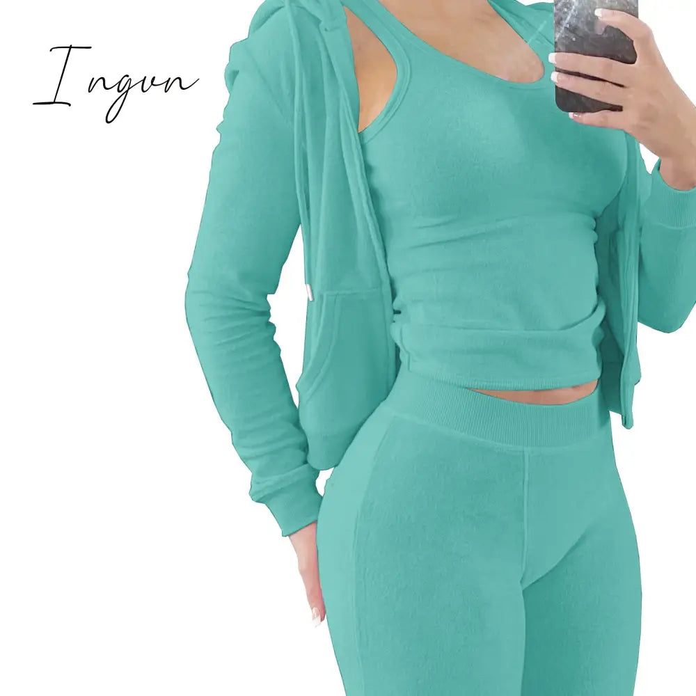 Ingvn - Double Face Fleece Three Piece Set Woman Long Sleeve Vest Hooded Drawstring Sweatpants Winter Sports Jogger Outfits