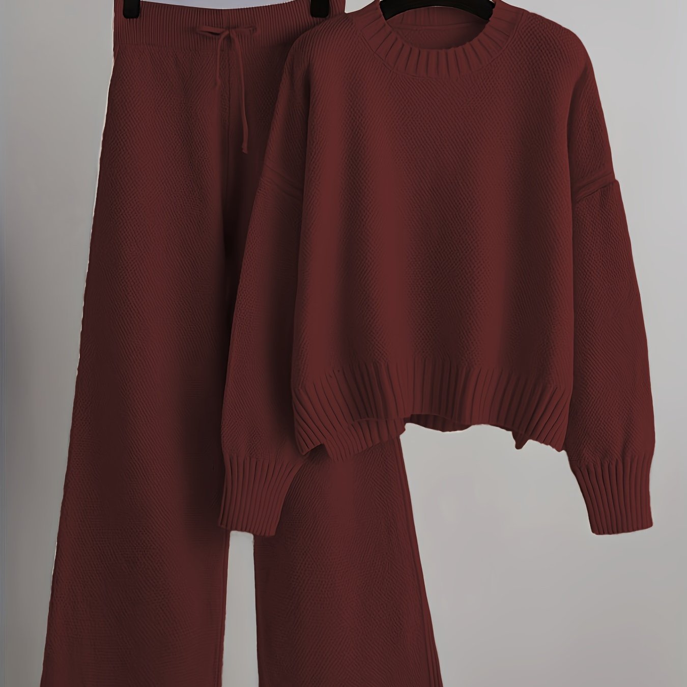 Cozy Knit Pants Set - Soft Long Sleeve Crew Neck Drop Shoulder Sweater, Drawstring Waist Wide Leg Pants, Comfortable Women's Clothing Outfit for Casual Daily Wear - Autumn Winter Fashion Essentials